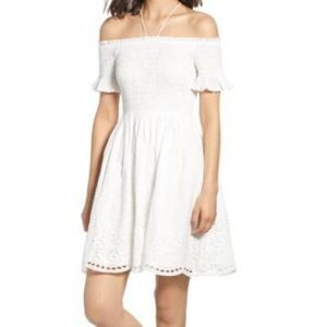 Moon River Smocked Off Shoulder Dress